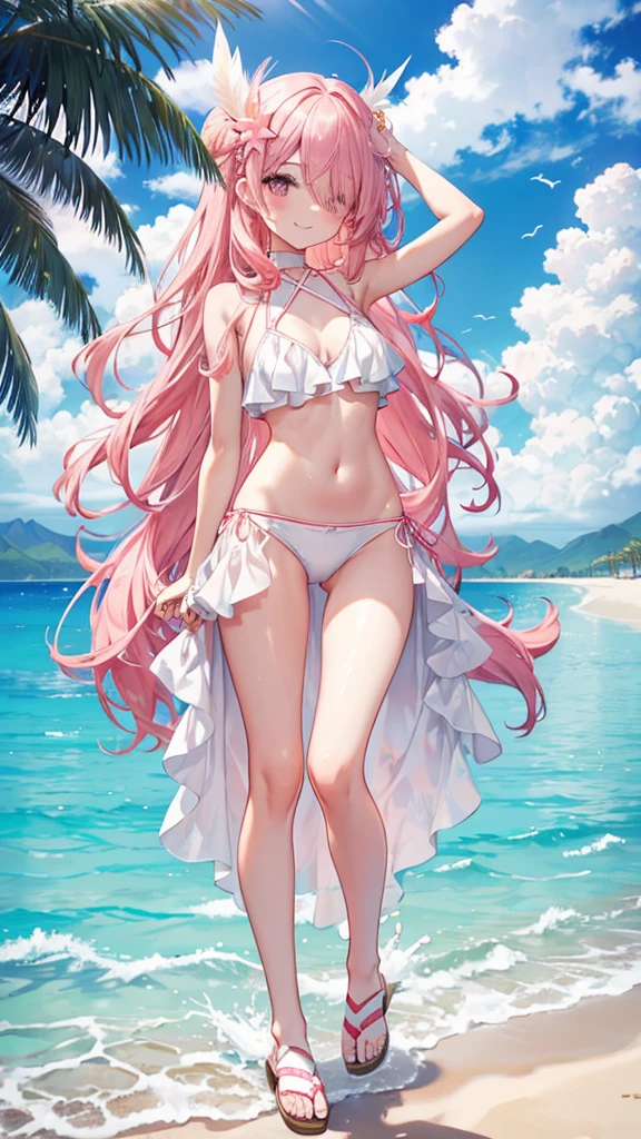 Coral pink hair，Long hair，hair over one eye，Gray eyes，feather hair ornament，cute，Girl，Smiling expression，Happy and happy expression，White bikini，Wet on the body，Wear sandals on your feet，whole body，Standing in the pool，Don't show your arms，Background is beach，Hawaii，Blue sky and white clouds