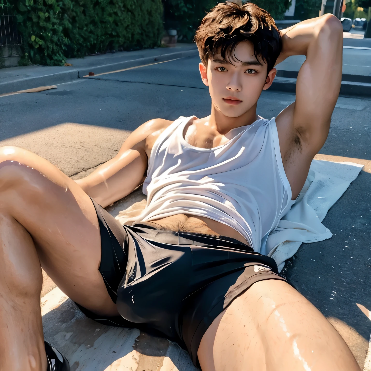 many used condoms lay on his body, Brown hair, Fluffy bubble  exposed, pulling off HIS SHIRT to the  exposing his  , SHY, sensual, cute, BLUSHING, SHY EXPRESION WHITE SHEER , Shota, blushing face, TOP POV, lying down on wet  street, Sport sleeveless shirt, pull off shirt, fluffy , very  floor, very wet body, Hairy stomatch, very hairy abs, Very bushy hairy armpits, hairy pubic, hairy , white sleeveless shirt, Super Realistic photography, PROUDLY SHOWING OFF HIS BODY, Cute teen student Wearing wet SLEEVELESS T-SHIRT, NO PANTS, DETAILED wearing soaked tanktop, ABS EXPOSED, Very wet body, very wet, pantless just wearing soaked white , Showing off his very hairy armpits, Slim fit body, teenager, very cute boy face, 15 years old boy, Very young teenager boy, LAYING DOWN in the middle of  wet street, dickprint, Sweat dripping all over the body, Proudly showing off his sweaty very hairy armpits to audience, The colors are bright and vibrant, enhancing the overall aesthetic. The lighting is soft and natural, casting a soft glow on the boy, don't merge body's, detailed eyes and lips, sixpack and fit body. Image quality is of the highest standard, with ultra-detailed features and a realistic appearance.