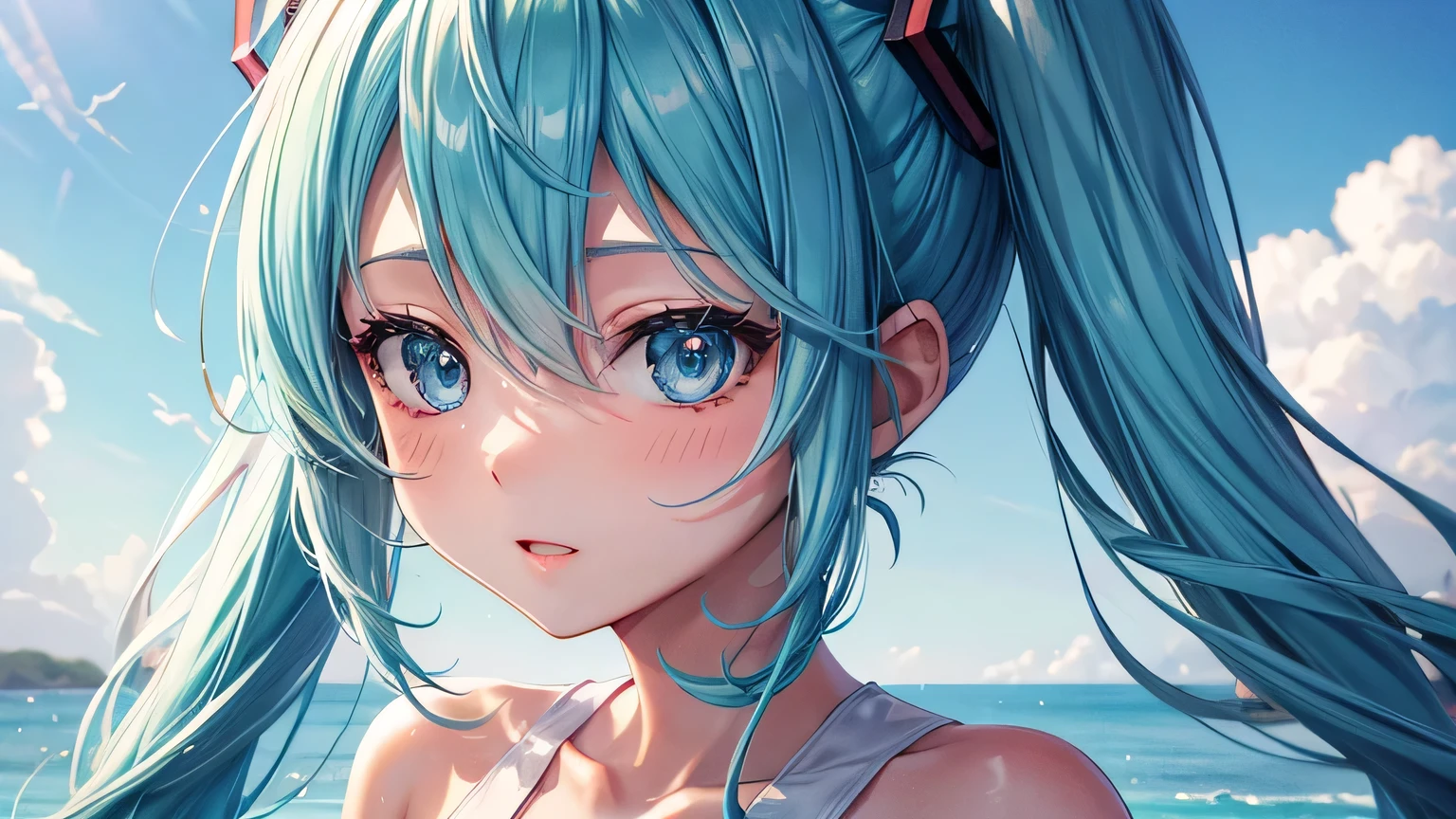 miku hatsune : 1.3, Blue Hair: 1.2, , Daytime: 1.2,In the summer town: 1.1, Cinema Lighting, Ultra-high resolution, Accurate, Super detailed, Textured skin, High detail, highest quality, 8k,Thin bangs, (Colorful splashes),(The Shining), Upper Body,Thick body, Well-drawn eyes, Focus on the face,summer,White and cute dress,Detailed hair depiction,Evening summer city background, body,