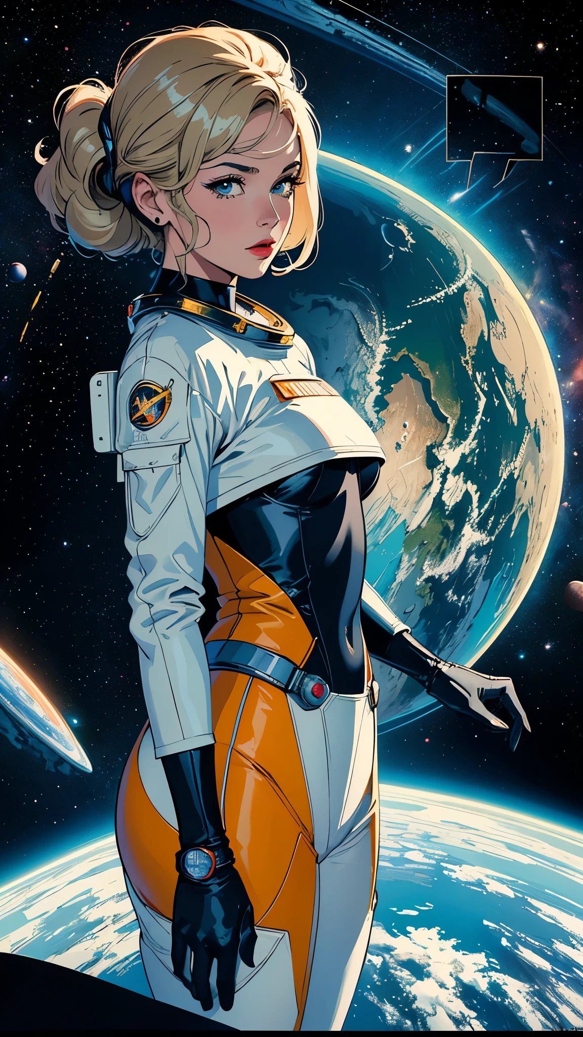 ((masterpiece, highest quality)), 32k wallpaper, very detailed, poster, vintage science fiction, 1960s,(((space thriller cinematic movie poster))), (bauhaus), shape,abstract, mid century modern, movie poster, vintage, Perfect Lady,anime,1970's,halftone,speech bubble,astronauts,galaxy hero,