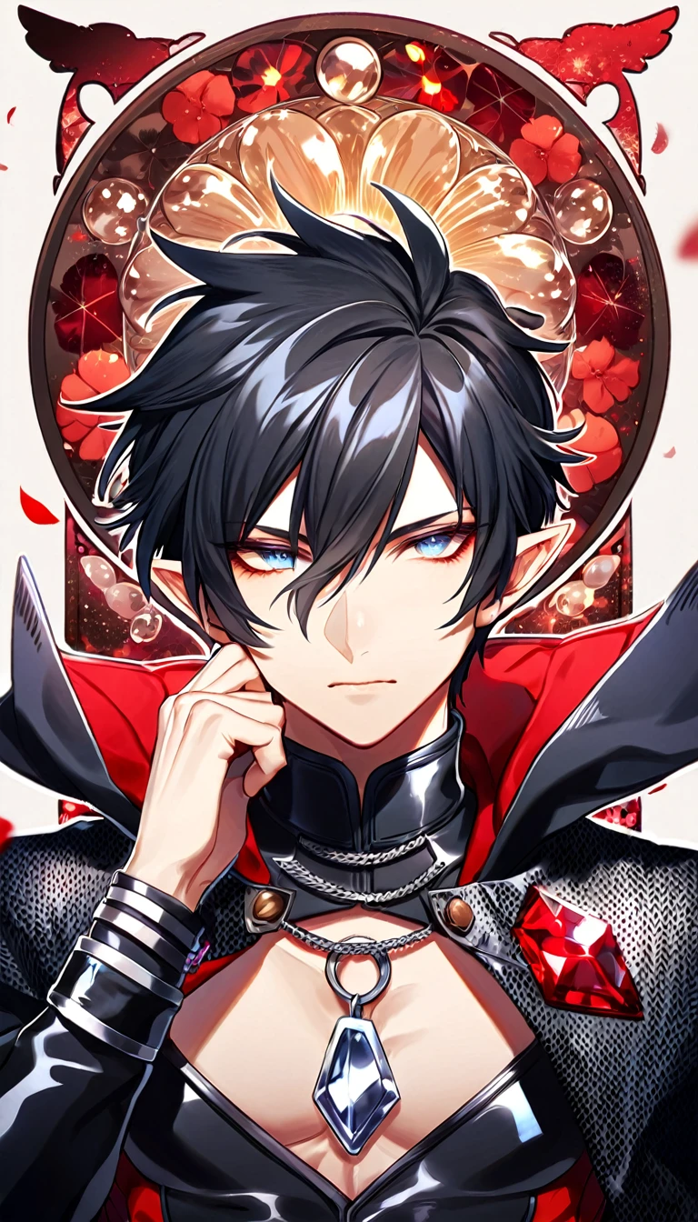 (absurdres, highres, ultra detailed, HDR) master piece, best quality, Arknights, Flamebringer, black hair, hair between the eyes, expressive orange eyes, solo, sexy man, handsome, slightly pointy ears, black horns, black leather clothes, patterns, magical fantasy, red butterflies, glittering, sparkling, red spider lilies, petals, radiant