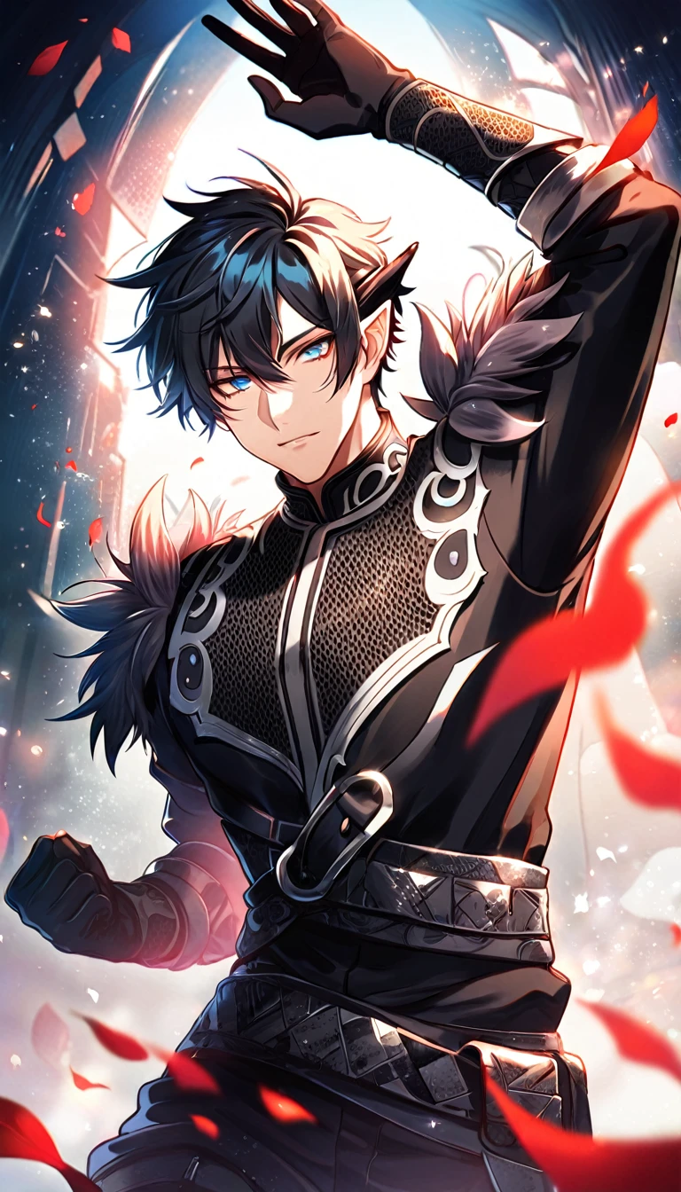 (absurdres, highres, ultra detailed, HDR) master piece, best quality, Arknights, Flamebringer, black hair, hair between the eyes, expressive orange eyes, solo, sexy man, handsome, slightly pointy ears, black horns, black leather clothes, patterns, magical fantasy, red butterflies, glittering, sparkling, red spider lilies, petals, radiant