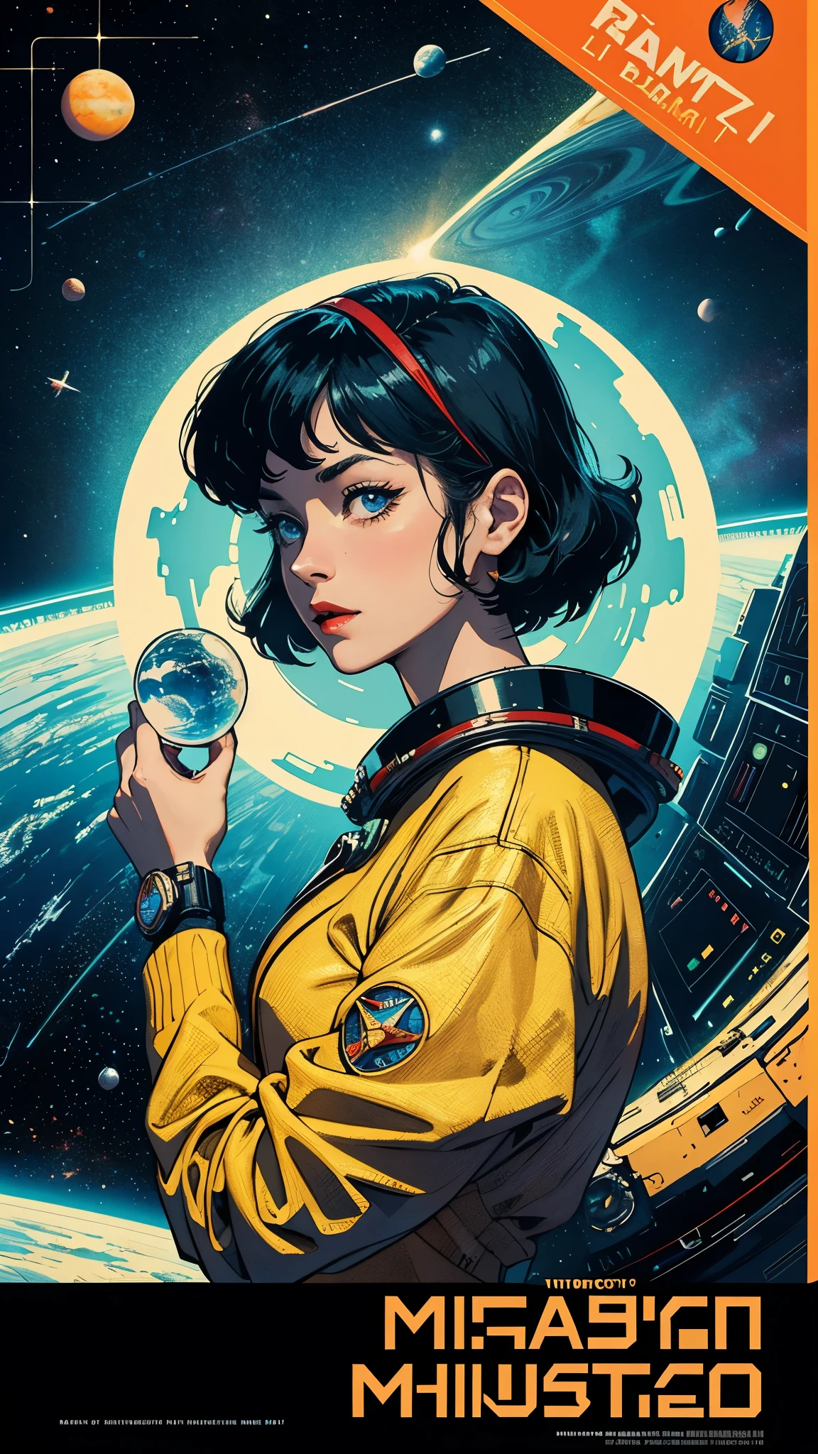 ((masterpiece, highest quality)), 32k wallpaper, very detailed, poster, vintage science fiction, 1960s,(((space thriller cinematic movie poster))), (bauhaus), shape,abstract, mid century modern, movie poster, vintage, Perfect Lady,anime,1970's,halftone,speech bubble,galaxy,super hero,((portfolio,Close-up))