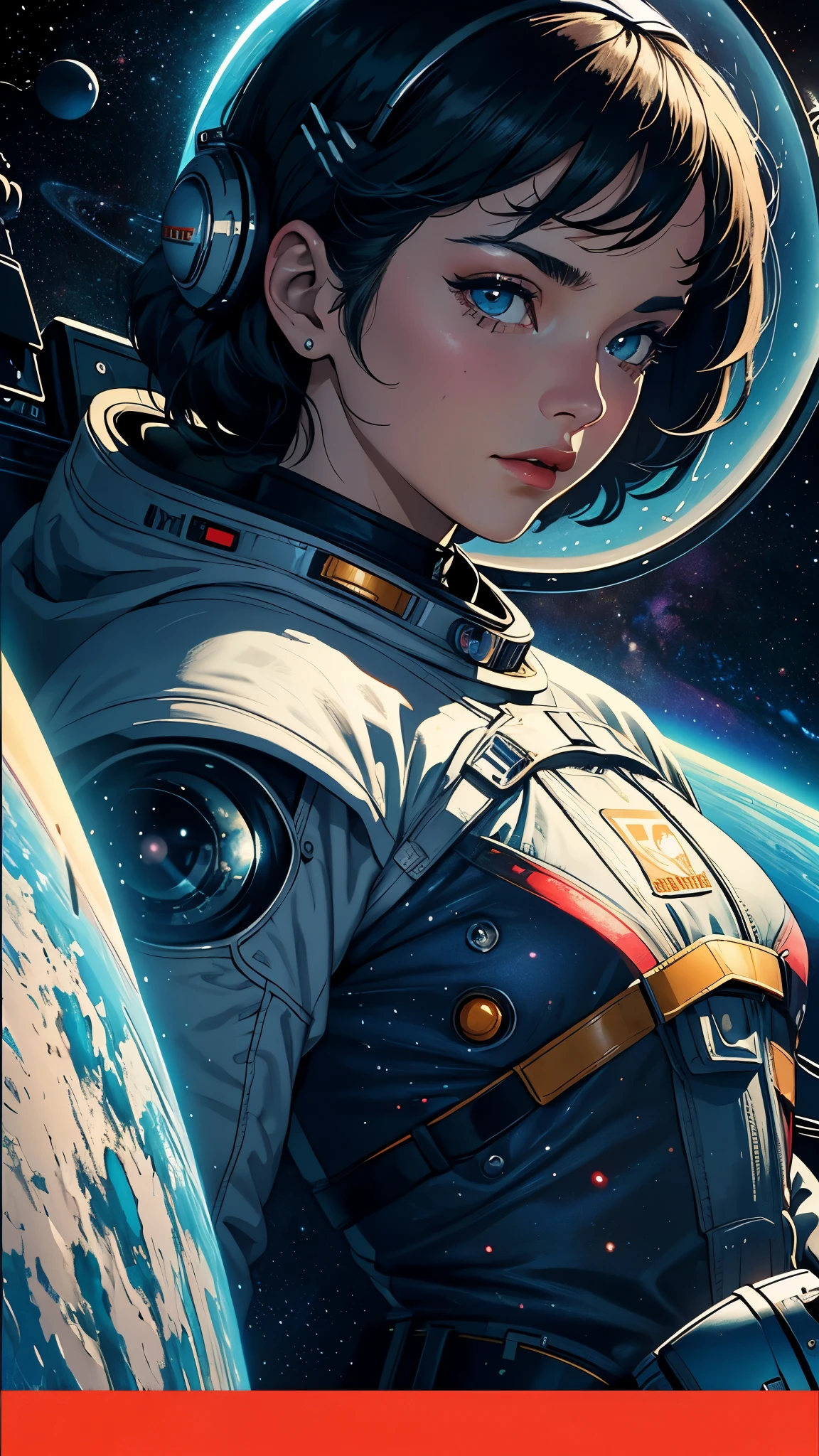 ((masterpiece, highest quality)), 32k wallpaper, very detailed, poster, vintage science fiction, 1960s,(((space thriller cinematic movie poster))), (bauhaus), shape,abstract, mid century modern, movie poster, vintage, Perfect Lady,anime,1970's,halftone,speech bubble,galaxy,super hero,((portfolio,Close-up))