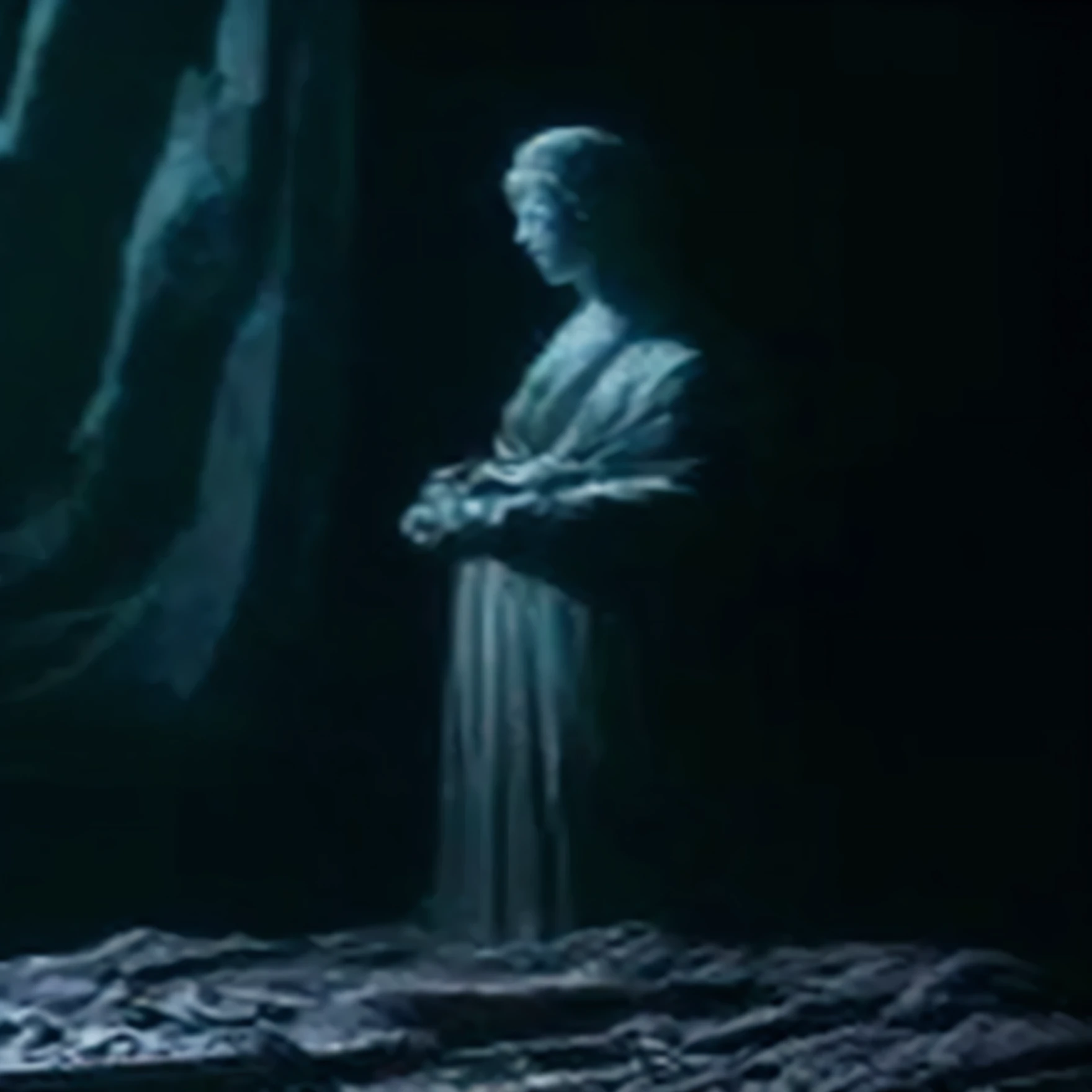 arafed image of a woman standing in a creepy cabin room, a still of an ethereal, a statue, classical statue, mystical figure, shrouded figure, baroque vaporwave statue, frozen like a statue, statue of a woman, ghostly figure, film still of voldemort, by emmanuel lubezki, figure in the darkness, weeping angels