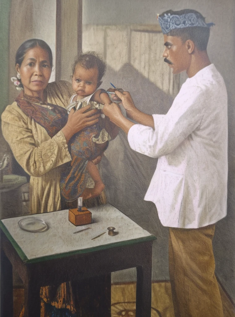 A retro picture of Indonesian male nurse injection giving a smallpox vaccine to a toddler is being carried by his worry mother, the mother wears Indonesian retro kebaya, the male nurse wears white sundanese tradisional cotton shirt and batik headband, it's a 1800s Dutch Colonial Art Deco clinic scene insanely intricate details, a photorealistic color pencil illustration in Don Lawrence style, ultra sharp focus and crisp, dehazed,