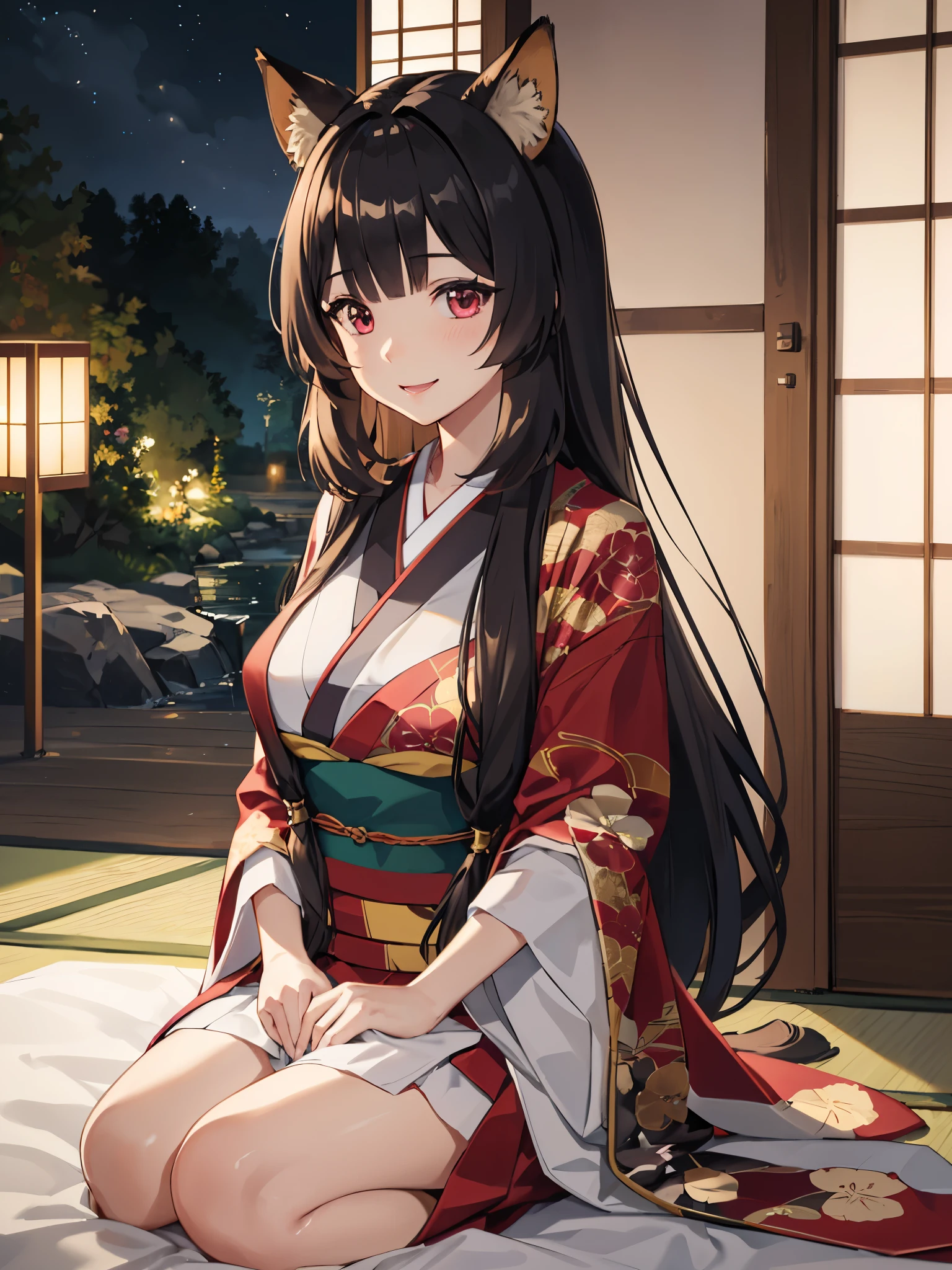 (Best quality), (extremely detailed CG Unity 8k wallpaper), (very detailed), ((absurdity)), Detailed beautiful eyes,
Raphtalia, Red eyes, black hair, fox tail, fox ears, 1 girl, Wearing kimono, red kimono, big breast,smile,Sitting in bed, at night, Japanese house