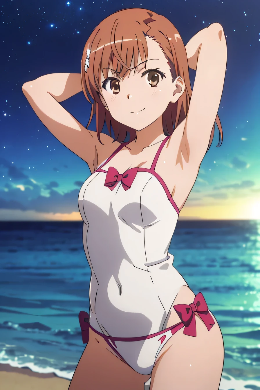 (((pixel-perfect, detail-perfect))), solo, 1girl, misaka mikoto, tokiwadai , bow, closed mouth, solo, (cowboy shot:1.5), night sky, beach, arms behind head, contrapposto, spread armpits, looking at viewer, best quality, smile,