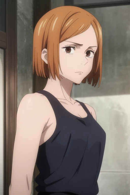 (masterpiece), (best quality), (ultra-detailed), (best illustration), (best shadow), (absurdres), nobarakugisakinova, short hair, orange hair, ((brown eyes)), kugisaki nobara, 1girl, solo, bangs, tanktop, closed mouth, long sleeves, looking at viewer, upper body,