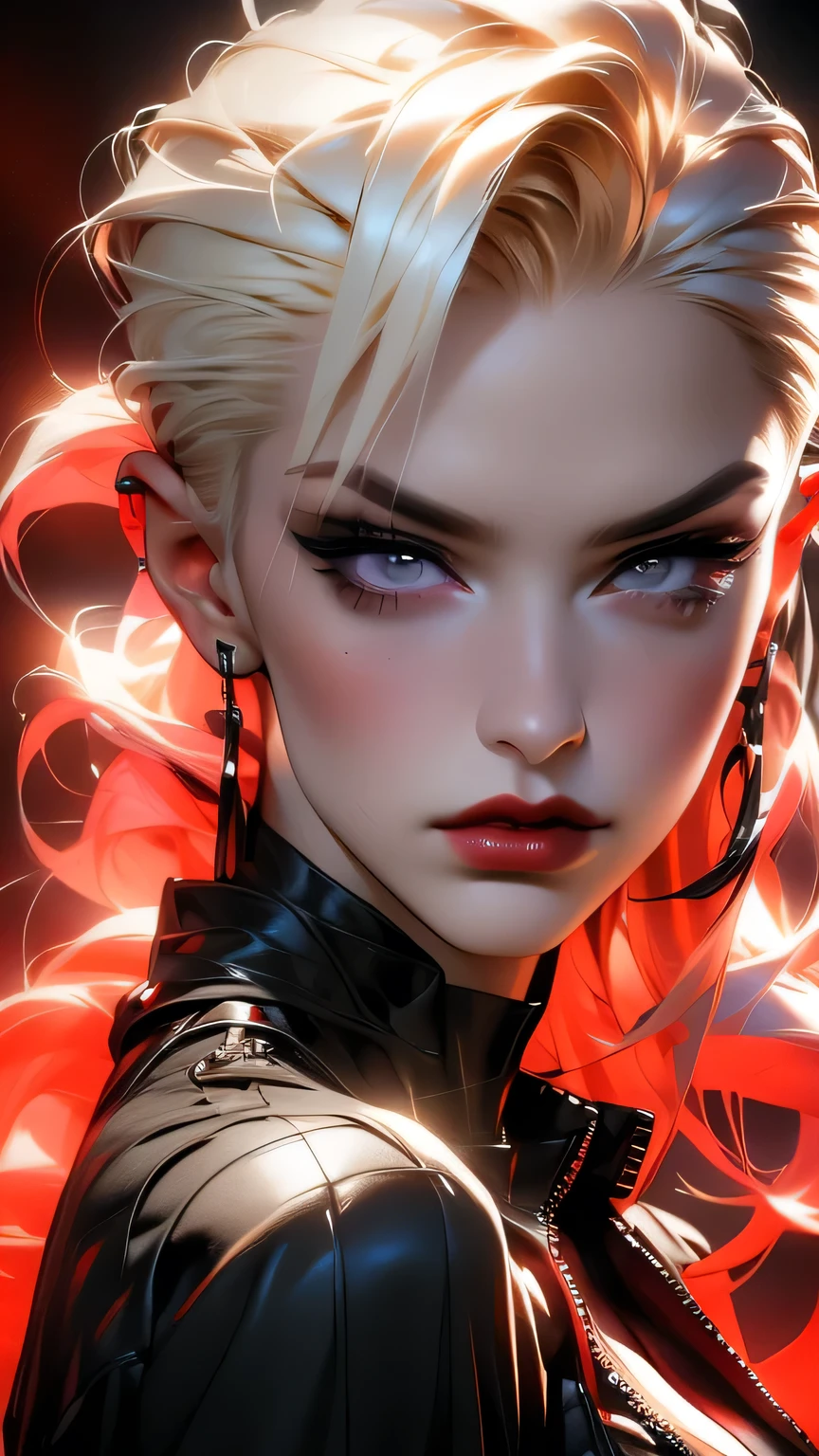 Red Makeup, Red lipstick, Slicked back blonde hair, Detailed face, Detailed lips, Fine grain,Model Girl, Professional:1.6, (最high quality, 4K, 8k, High resolution, masterpiece:1.2),Ultra-detailed, Realist, Punk Style, fashion punk, ((Upper body portrait)), Spiked clothing, Chain Accessories, Rebel pose, Mohawk Alto, Rainbow Hair, flashy, Nervous background, Studio Lighting, Dynamic pose and elegant､masterpiece, 最high quality, high quality, High resolution, (((Upper body portrait)))､ Super big , ((In a dimly lit cave))