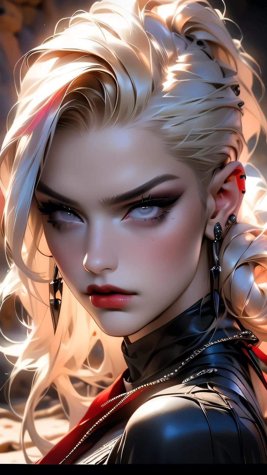 Red Makeup, Red lipstick, Slicked back blonde hair, Detailed face, Detailed lips, Fine grain,Model Girl, Professional:1.6, (最high quality, 4K, 8k, High resolution, masterpiece:1.2),Ultra-detailed, Realist, Punk Style, fashion punk, ((Upper body portrait)), Spiked clothing, Chain Accessories, Rebel pose, Mohawk Alto, Rainbow Hair, flashy, Nervous background, Studio Lighting, Dynamic pose and elegant､masterpiece, 最high quality, high quality, High resolution, (((Upper body portrait)))､ Super big , ((In a dimly lit cave))