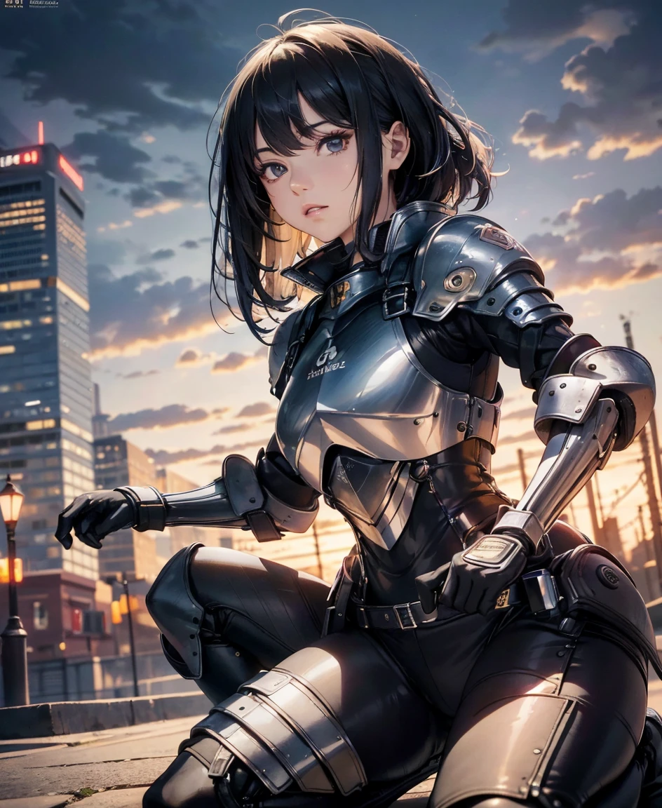(highest quality,4K,8k,High resolution,masterpiece:1.2),Super detailed,(Realistic,photoRealistic,photo-Realistic:1.37), A Japanese female fighter with a slim build and small face, cute, 1 girl, 18-year-old, Kneeling pose, Super short black hair, A tight-fitting combat suit in shiny black with a patent leather finish, Tight suit, gloves, Steel City Background, Night lighting, Turn to the viewer,
