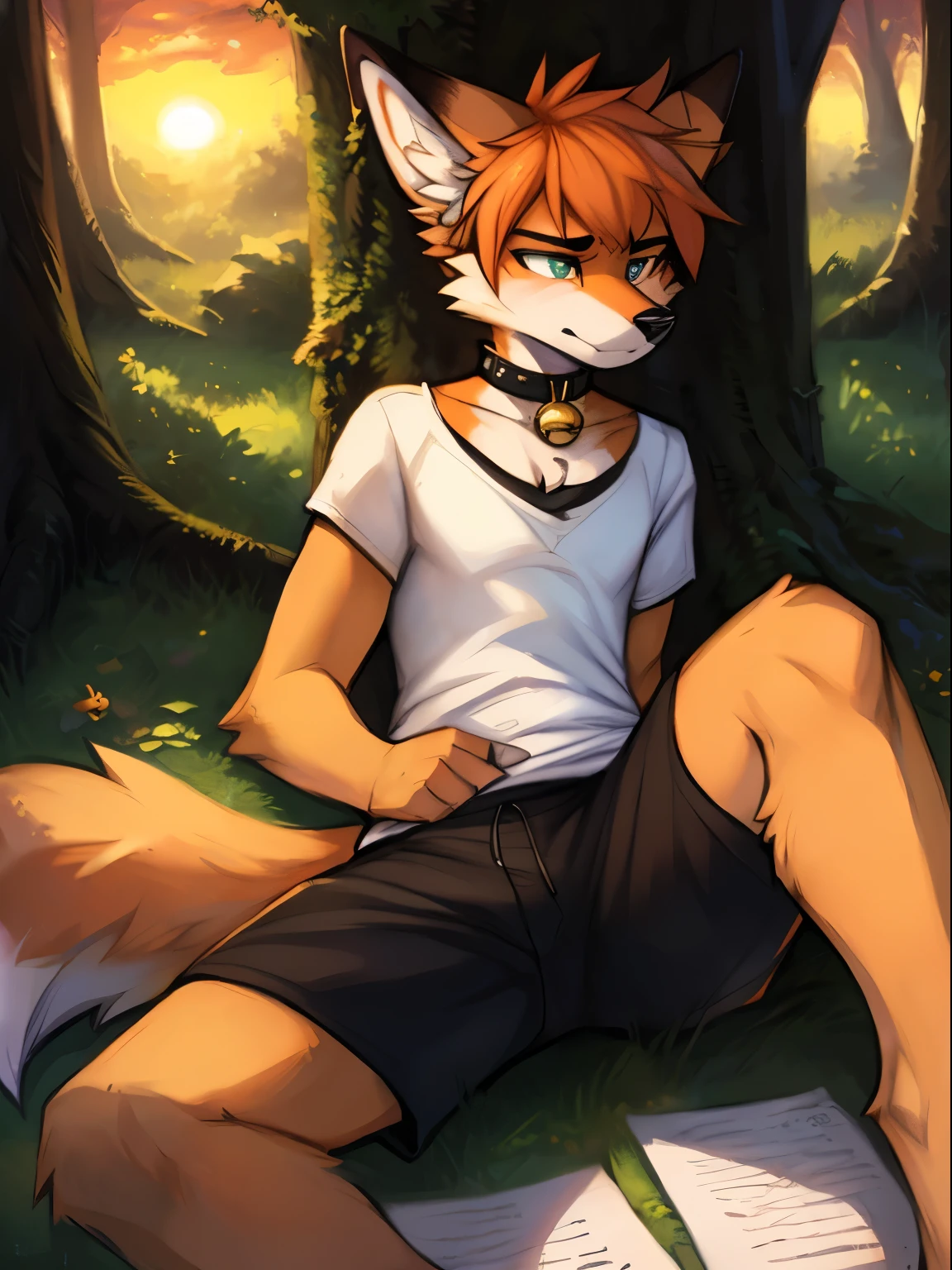 y fluff-kevlar, by Zackary911, by Kenket, by Kilinah, by fluff-kevlar, (masterpiece), (best quality), (anthro furry:1.3, snout:1.2, anthro:1.3, furry:1.2, solo male:1.2), (extremely detailed:1.3), (extremely detailed eyes), fox, male, (short orange hair), dominant, (orange fur), forest, sunset, bell collar, black shorts, white t-shirt, neutral expression, annoyed, hurt, lying against tree, piece of paper on floor, scratching head