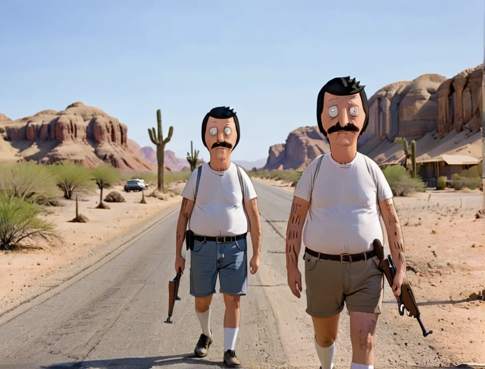 Bob Belcher holding Rifle walking cross on road in Desert 