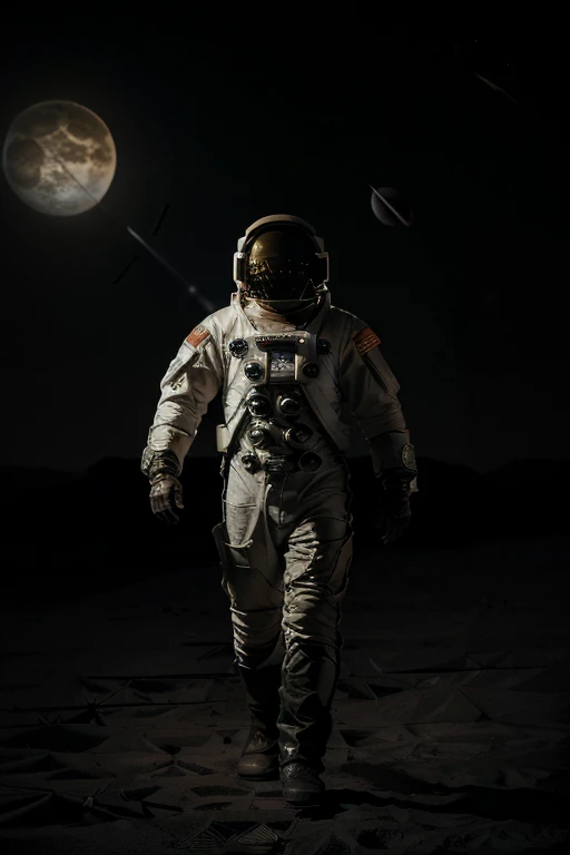 (((he wears an astronaut uniform he is on an uninhabitable planet))), barba,nojento,60-year-old homens, he walks the moon looking for alien life, o oculto e o desconhecido traz ao astronauta o medo e a incerteza
