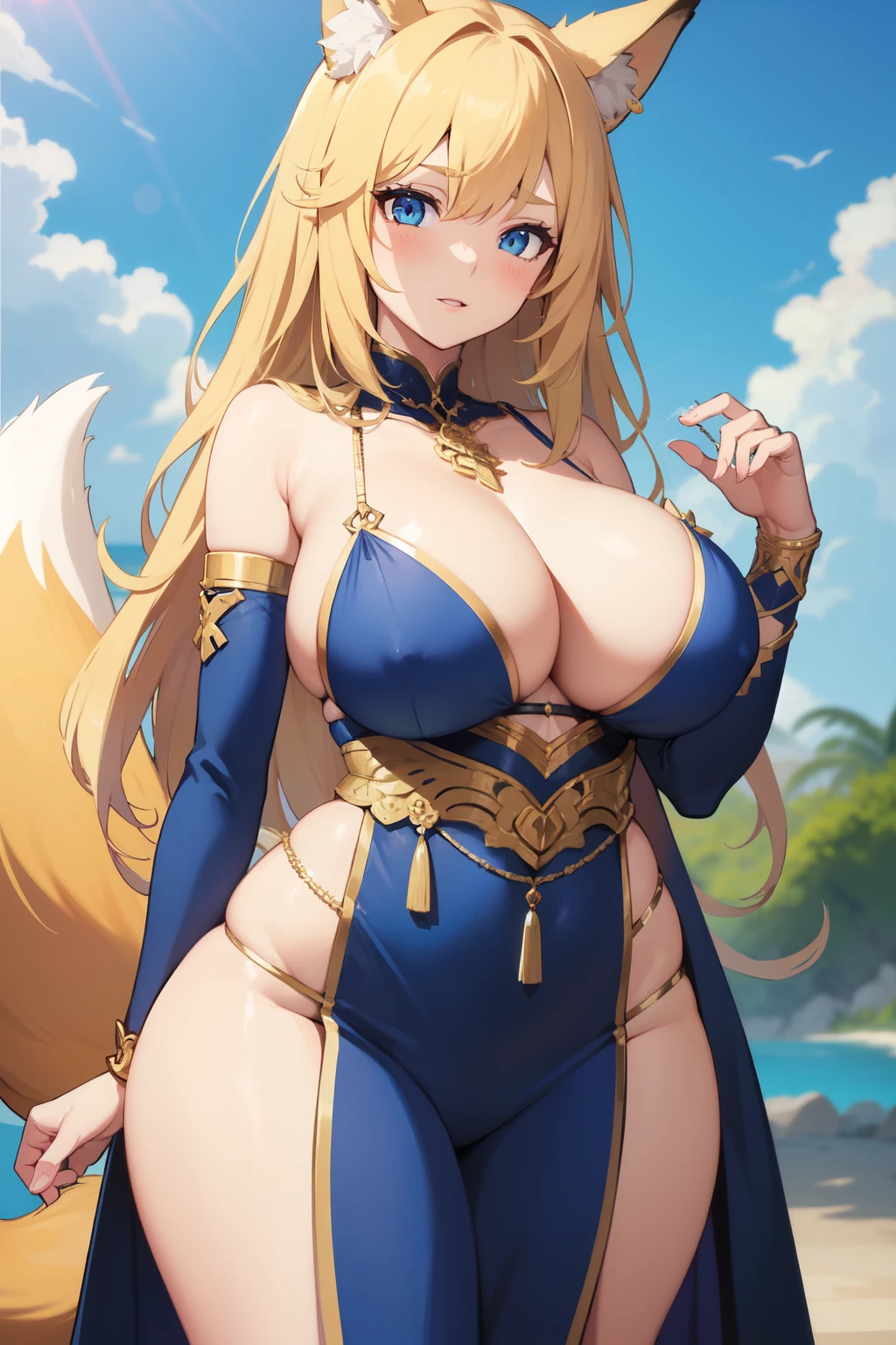 ((best quality)), ((masterpiece)), (detailed), perfect face, foxgirl, long hair, blonde hair color, bright blue eyes, busty, fancy dress, fox ears, fox tail, revealing dancer outfit, big breasts, wide hips, single tail, decorated with golden chains, decorated with jewels