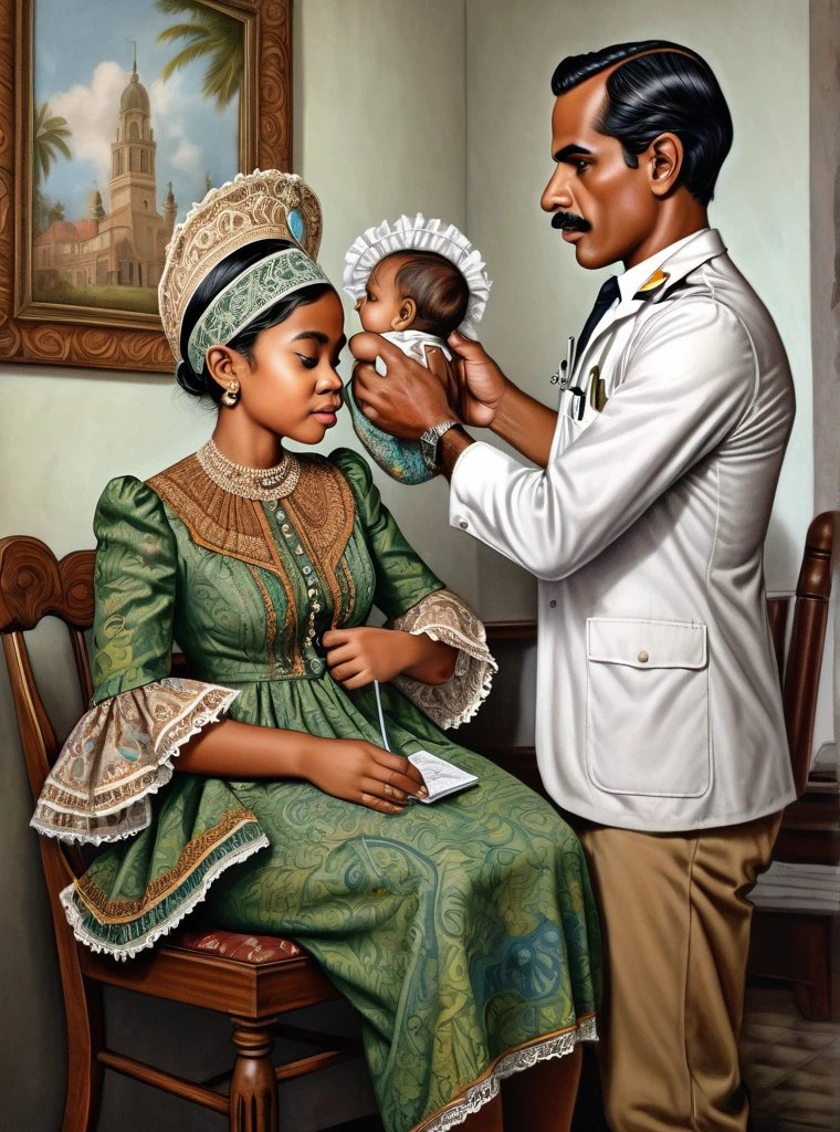 A retro picture of Indonesian male nurse injection giving a smallpox vaccine to a toddler is being carried by his worry mother, the mother wears Indonesian retro kebaya, the male nurse wears white sundanese tradisional cotton shirt and batik headband, it's a 1800s Dutch Colonial Art Deco clinic scene insanely intricate details, a photorealistic color pencil illustration in Don Lawrence style, ultra sharp focus and crisp, dehazed,