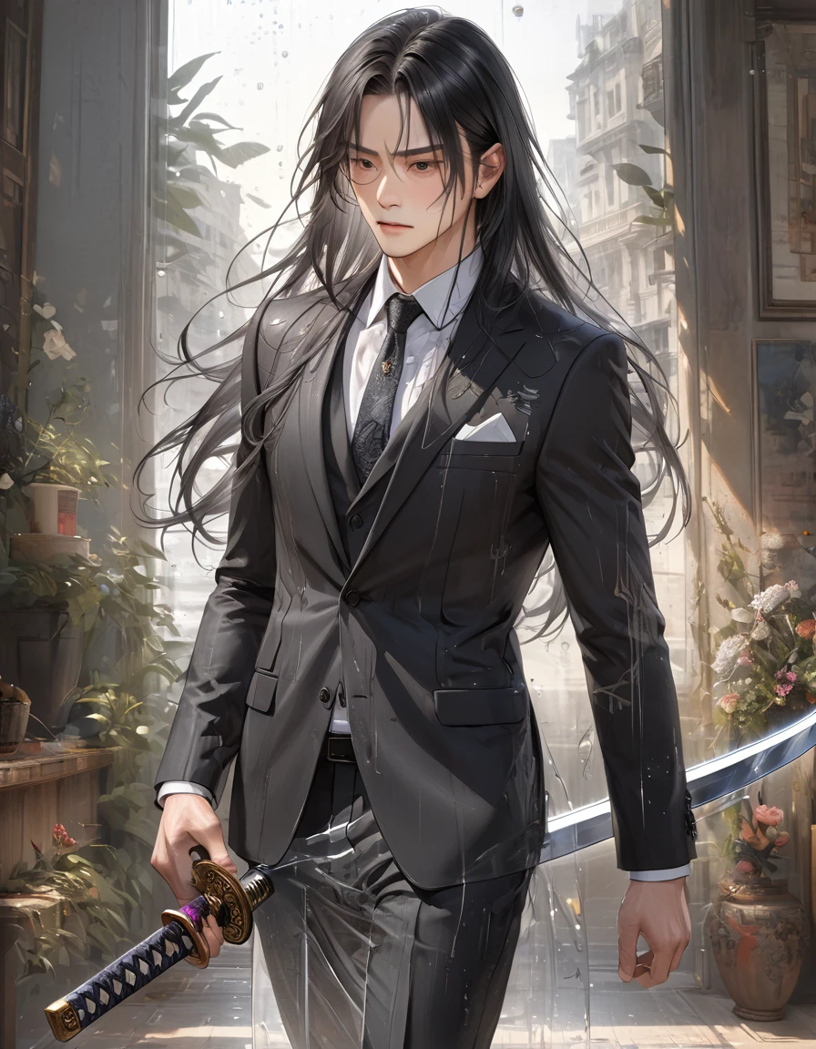 full color, (transparency:2.0), Break down Ultra-realism, Detailed and realistic skin texture, Detailed and complex texture, Detailed and complex brushstrokes, Detailed and clear description, transparent description, aesthetic, man with sword, black suit, black slightly long hair