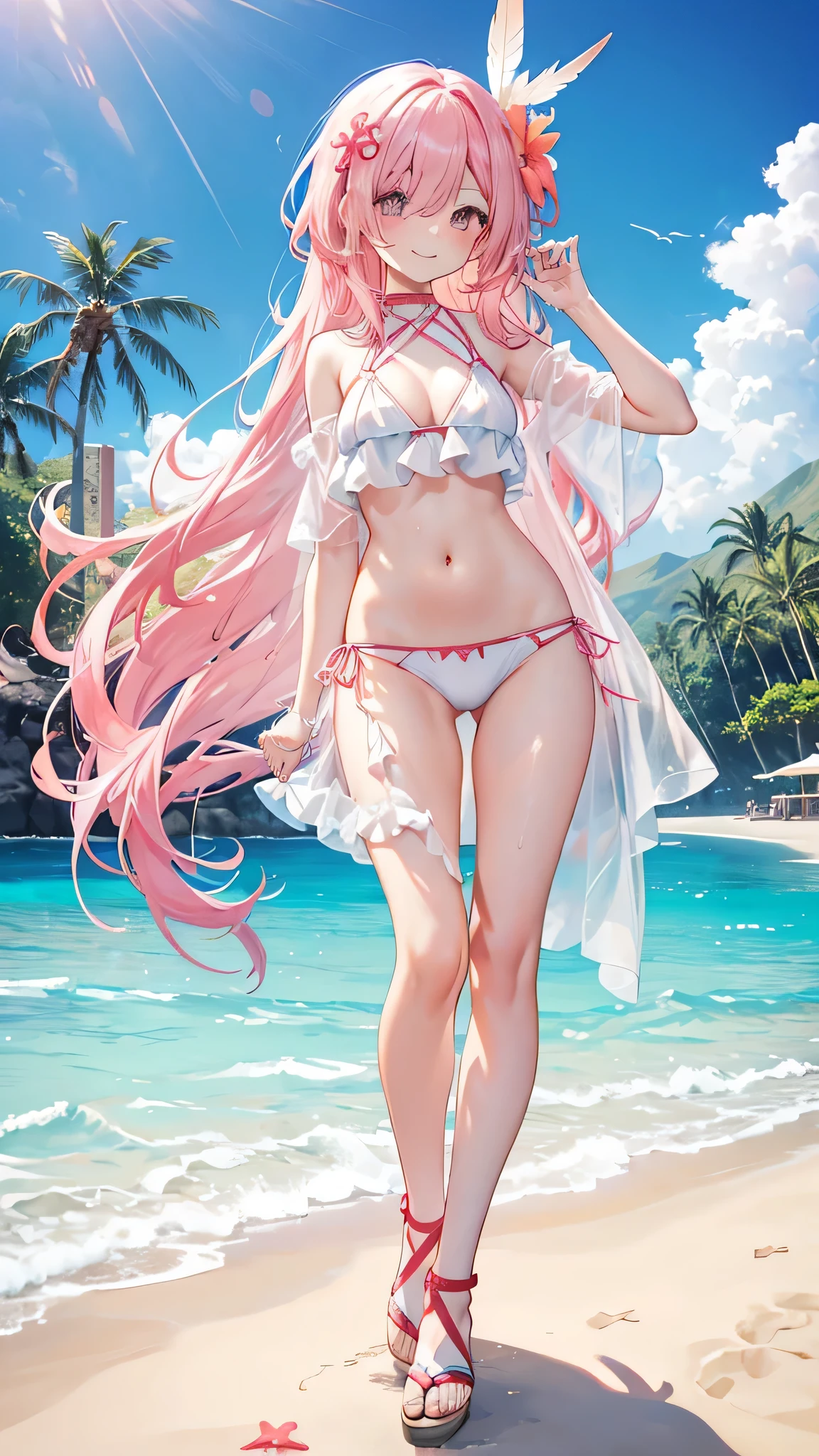 Coral pink hair,Long hair,hair over one eye,Gray eyes,feather hair ornament,cute,Girl,Smiling expression,Happy and happy expression,White bikini,Wet on the body,Wear sandals on your feet,whole body,Standing in the pool,Don't show your arms,Background is beach,Hawaii,Blue sky and white clouds