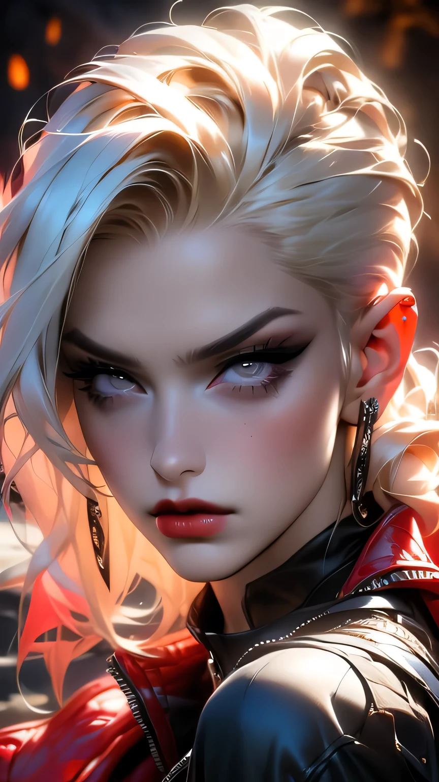 Red Makeup, Red lipstick, Slicked back blonde hair, Detailed face, Detailed lips, Fine grain,Model Girl, Professional:1.6, (最high quality, 4K, 8k, High resolution, masterpiece:1.2),Ultra-detailed, Realist, Punk Style, fashion punk, ((Upper body portrait)), Spiked clothing, Chain Accessories, Rebel pose, Mohawk Alto, Rainbow Hair, flashy, Nervous background, Studio Lighting, Dynamic pose and elegant､masterpiece, 最high quality, high quality, High resolution, (((Upper body portrait)))､ Super big , ((In a dimly lit cave))