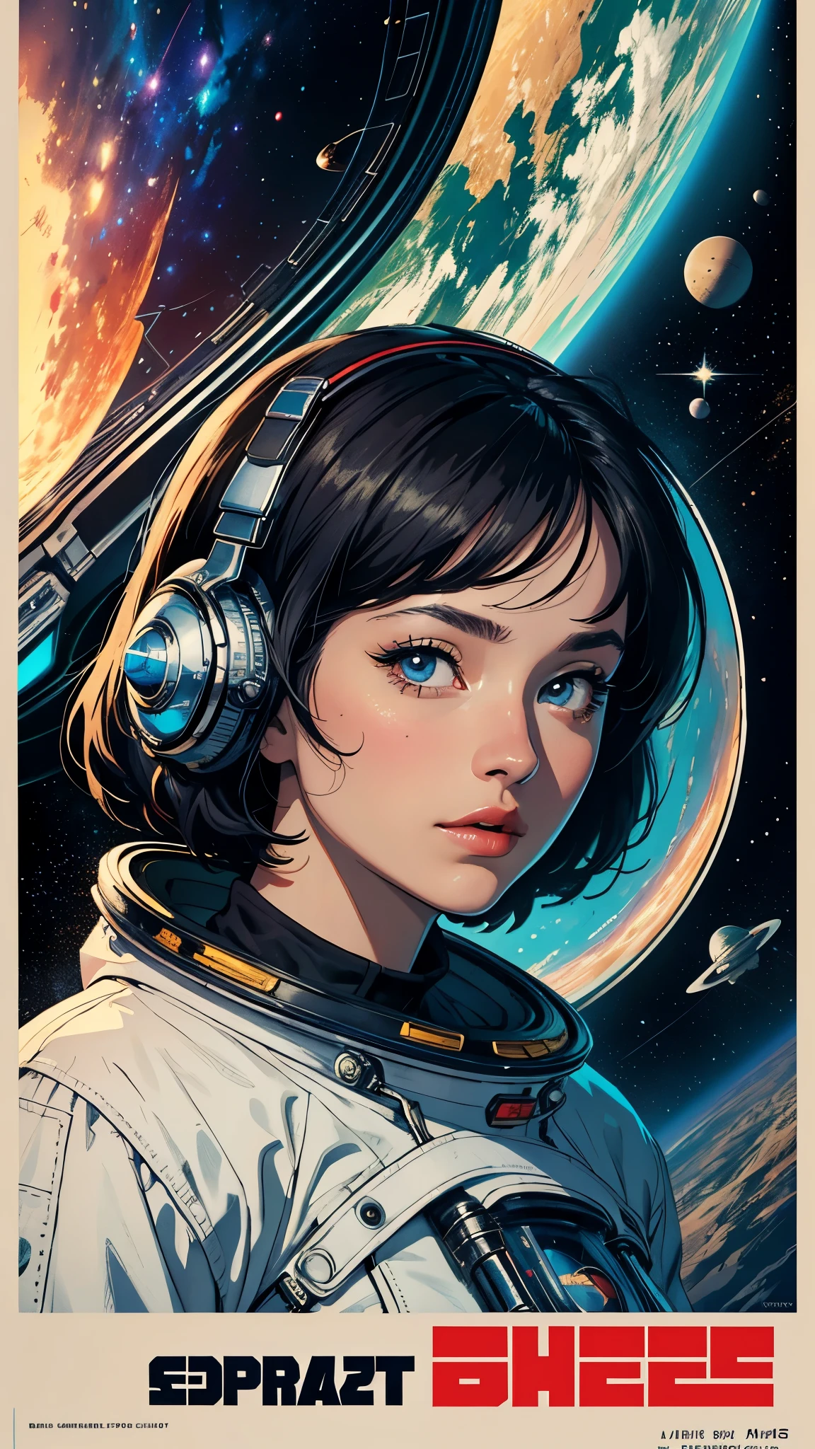 ((masterpiece, highest quality)), 32k wallpaper, very detailed, poster, vintage science fiction, 1960s,(((space thriller cinematic movie poster))), (bauhaus), shape,abstract, mid century modern, movie poster, vintage, Perfect Lady,anime,1970's,halftone,speech bubble,galaxy,super hero,((portfolio,Close-up))
