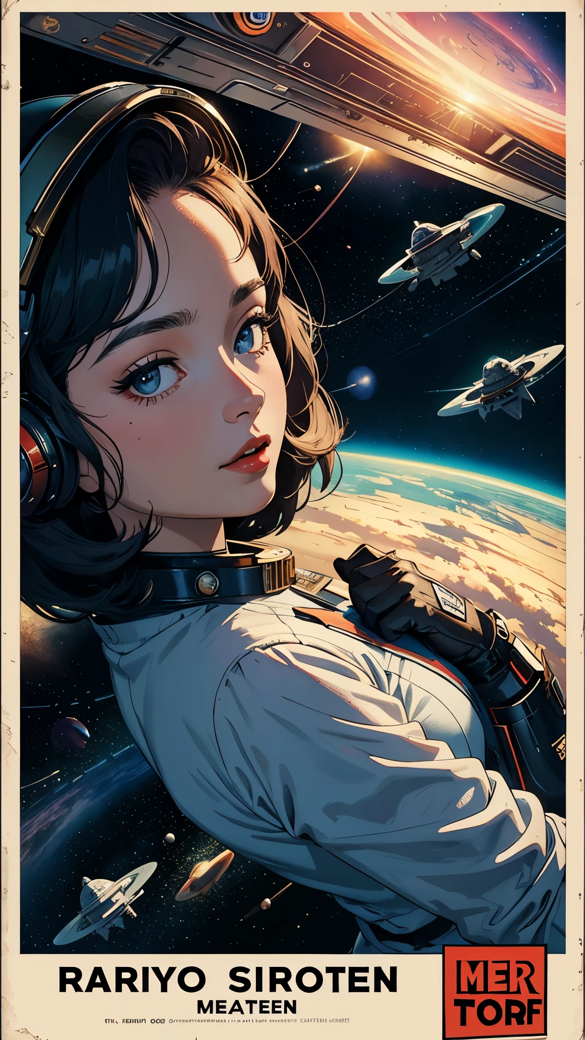 ((masterpiece, highest quality)), 32k wallpaper, very detailed, poster, vintage science fiction, 1960s,(((space thriller cinematic movie poster))), (bauhaus), shape,abstract, mid century modern, movie poster, vintage, Perfect Lady,anime,1970's,halftone,speech bubble,galaxy,super hero,((portfolio,Close-up))