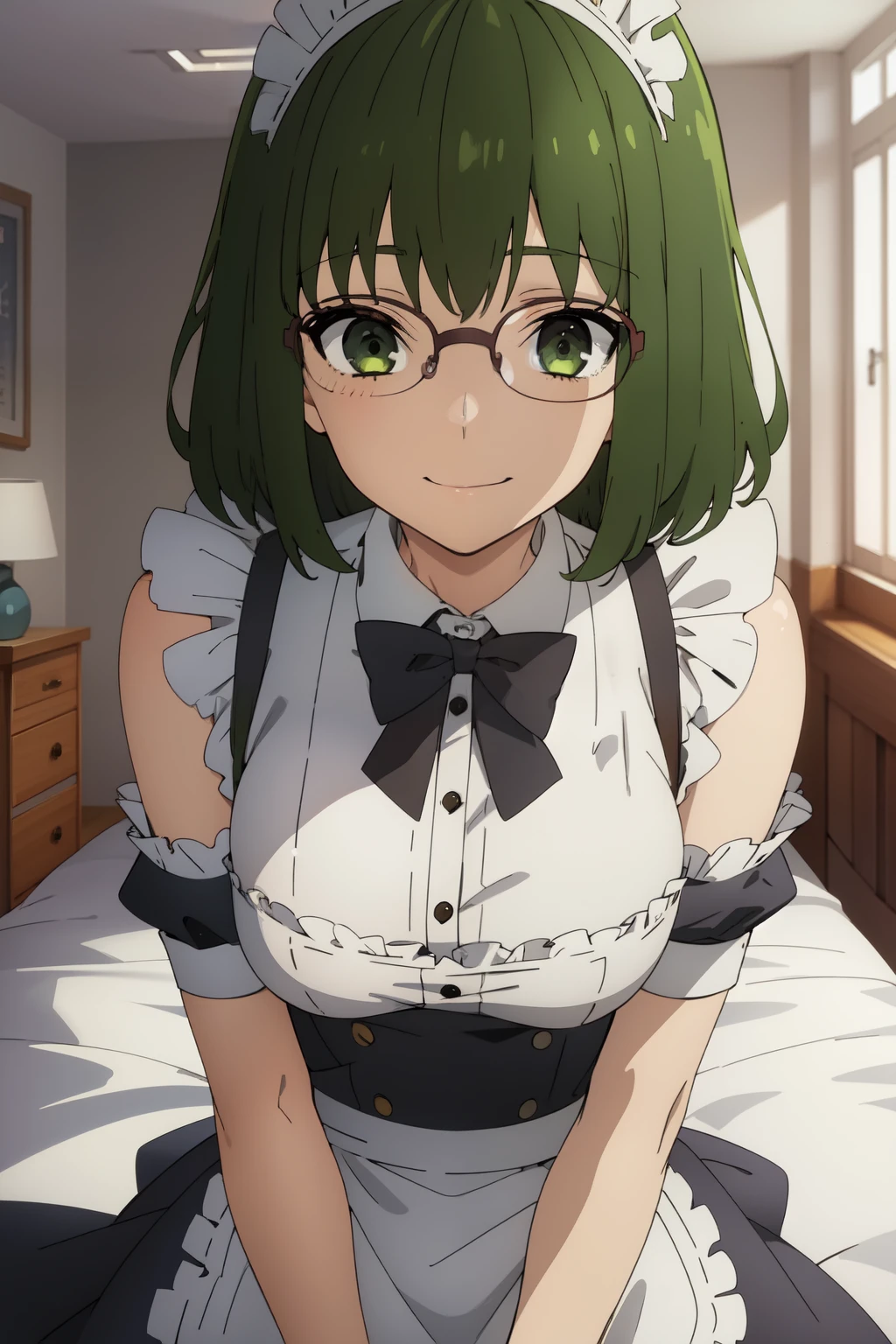 Anime background art, bottom of room, one bed, lying on a bed, beautiful anime scenes, 4K anime art wallpaper, 4k anime art wallpaper, Rosla global illumination, anime girl, best quality, detailed, 1 girl, alone, same as LORA, same as lora, closed mouth, smile, green hair, hairy accessory, glasses, short hair, defined eyes, green eyes, looking at viewer, perfect face, perfect eyes, hair accessory, maid costume, big tits.