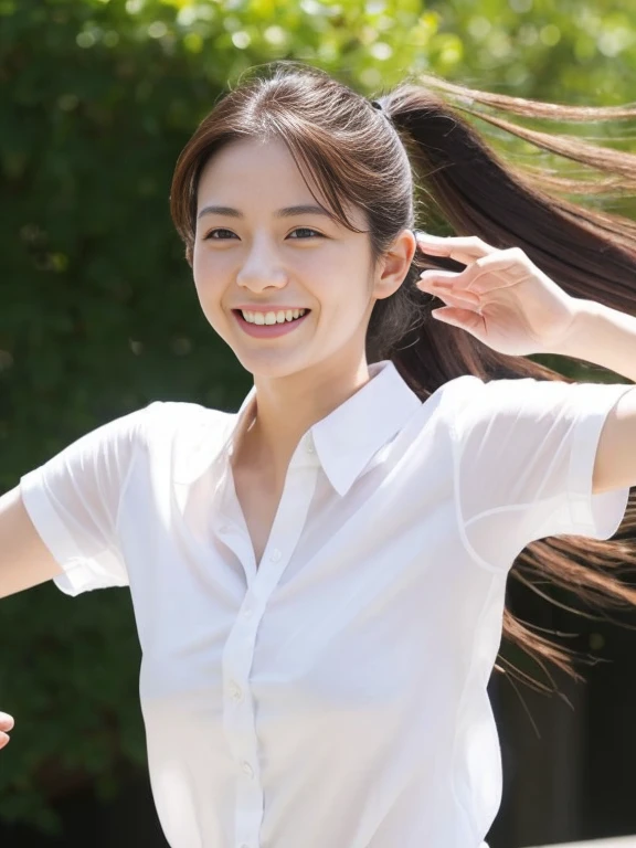 (masterpiece、high-level image quality、sharp focus)、Wearing a white shirt with short sleeves、one shirt button is missing, A Japanese Lady、23 age、(perfect anatomia、Precise and beautiful limbs), simple girl with little smile, wind blows hair, short ponytail , high angle camera, running pose