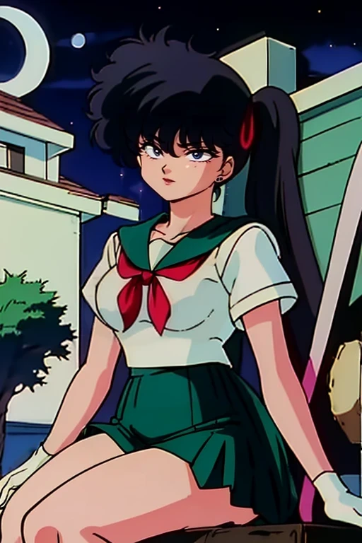 highest quality, High resolution, 1990s \(style\), retro artstyle, 1990s anime cels style, night, kodachi kuno, Sitting, Sailor Warrior Uniform, Large Breasts,green sailor collar, Open chest,White gloves, Green pleated skirt, Pink Ribbon, Side Tail, (Dressed:1.3), jewelry, Earrings,Big thighs