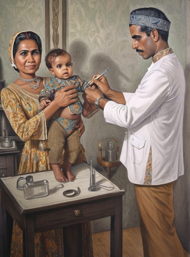 A retro picture of Indonesian male nurse injection giving a smallpox vaccine to a toddler is being carried by his worry mother, the mother wears Indonesian retro kebaya, the male nurse wears white sundanese tradisional cotton shirt and batik headband, it's a 1800s Dutch Colonial Art Deco clinic scene insanely intricate details, a photorealistic color pencil illustration in Don Lawrence style, ultra sharp focus and crisp, dehazed,