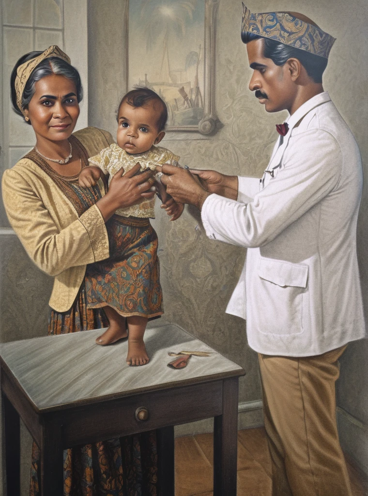 A retro picture of Indonesian male nurse injection giving a smallpox vaccine to a toddler is being carried by his worry mother, the mother wears Indonesian retro kebaya, the male nurse wears white sundanese tradisional cotton shirt and batik headband, it's a 1800s Dutch Colonial Art Deco clinic scene insanely intricate details, a photorealistic color pencil illustration in Don Lawrence style, ultra sharp focus and crisp, dehazed,