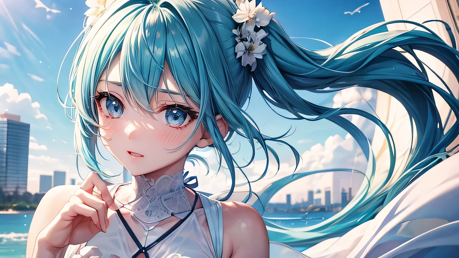 miku hatsune : 1.3, Blue Hair: 1.2, , Daytime: 1.2,In the summer town: 1.1, Cinema Lighting, Ultra-high resolution, Accurate, Super detailed, Textured skin, High detail, highest quality, 8k,Thin bangs, (Beautiful sky),(The Shining), Upper Body,Thick body, Well-drawn eyes, Focus on the face,summer,White and cute dress,Detailed hair depiction,evening,summer、City Background,