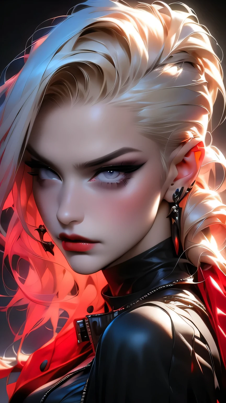 Red Makeup, Red lipstick, Slicked back blonde hair, Detailed face, Detailed lips, Fine grain,Model Girl, Professional:1.6, (最high quality, 4K, 8k, High resolution, masterpiece:1.2),Ultra-detailed, Realist, Punk Style, fashion punk, ((Upper body portrait)), Spiked clothing, Chain Accessories, Rebel pose, Mohawk Alto, Rainbow Hair, flashy, Nervous background, Studio Lighting, Dynamic pose and elegant、masterpiece, 最high quality, high quality, High resolution, (((Upper body portrait)))、 Super big , ((In a dimly lit cave))