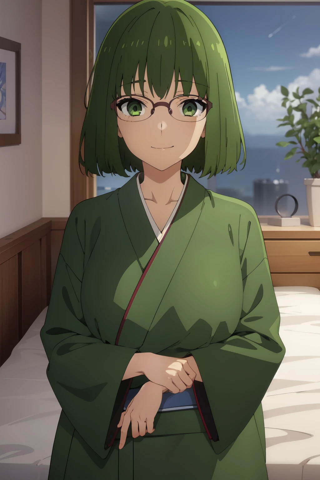 Anime background art, bottom of room, one bed, lying on a bed, beautiful anime scenes, 4K anime art wallpaper, 4k anime art wallpaper, Rosla global illumination, anime girl, best quality, detailed, 1 girl, alone, same as LORA, same as lora, closed mouth, smile, green hair, hairy accessory, glasses, short hair, defined eyes, green eyes, looking at viewer, perfect face, perfect eyes, hair accessory, kimono costume, big tits.