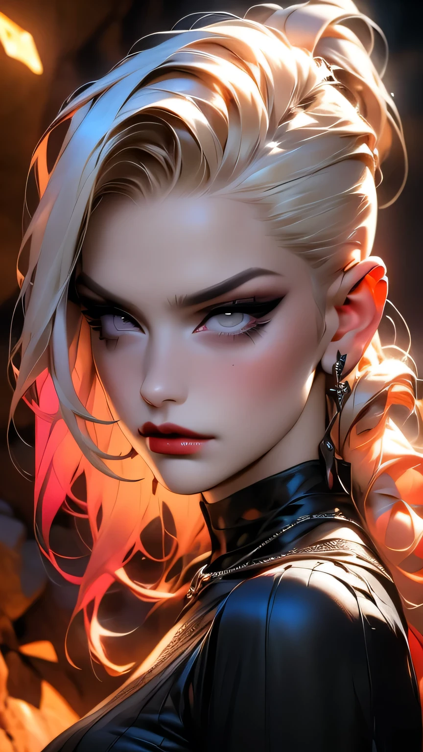 Red Makeup, Red lipstick, Slicked back blonde hair, Detailed face, Detailed lips, Fine grain,Model Girl, Professional:1.6, (最high quality, 4K, 8k, High resolution, masterpiece:1.2),Ultra-detailed, Realist, Punk Style, fashion punk, ((Upper body portrait)), Spiked clothing, Chain Accessories, Rebel pose, Mohawk Alto, Rainbow Hair, flashy, Nervous background, Studio Lighting, Dynamic pose and elegant､masterpiece, 最high quality, high quality, High resolution, (((Upper body portrait)))､ Super big , ((In a dimly lit cave))