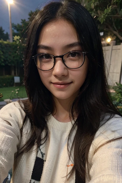 Very young female, half chinese, small slit-eyed, glasses, black hair, flawless white skin, long hair, photorealistic, best quality, hyper detailed, middle school student, beautiful woman, selfie photo, upper body, solo, wearing black sweater, smiling at garden, night photo, without makeup, school, looking at viewer, skin texture, film grain, close up, ultra high res, best shadow, RAW, instagram LUT