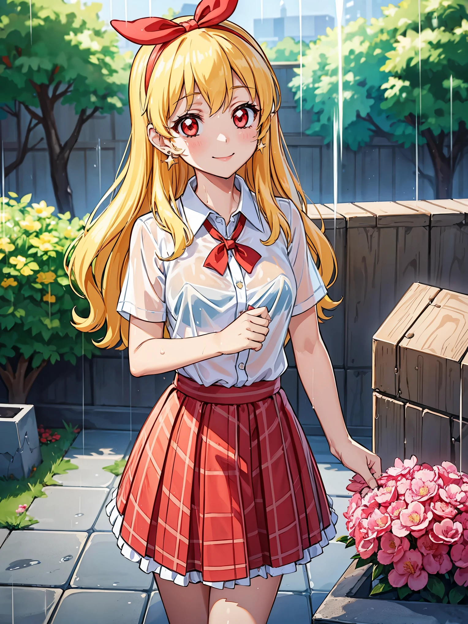 a beautiful young woman dressed in a dress and skirt standing in the rain, 1girl, solo, wet clothes, hosimiya ichigo, wet, plaid, outdoors, wet shirt, see-through, shirt, star earrings, skirt, blonde hair, rain, bra visible through clothes, smile, underwear, looking at viewer, earrings, tree, plaid skirt, long hair, red eyes, bra, blush, jewelry, short sleeves, white shirt, collared shirt, bangs, star (symbol), flower, RED_Ribbon_on_HAIR_band
