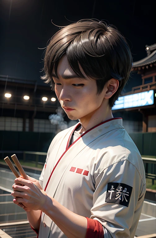 Tsubakuro performing a rain-making ceremony at Jingu Stadium