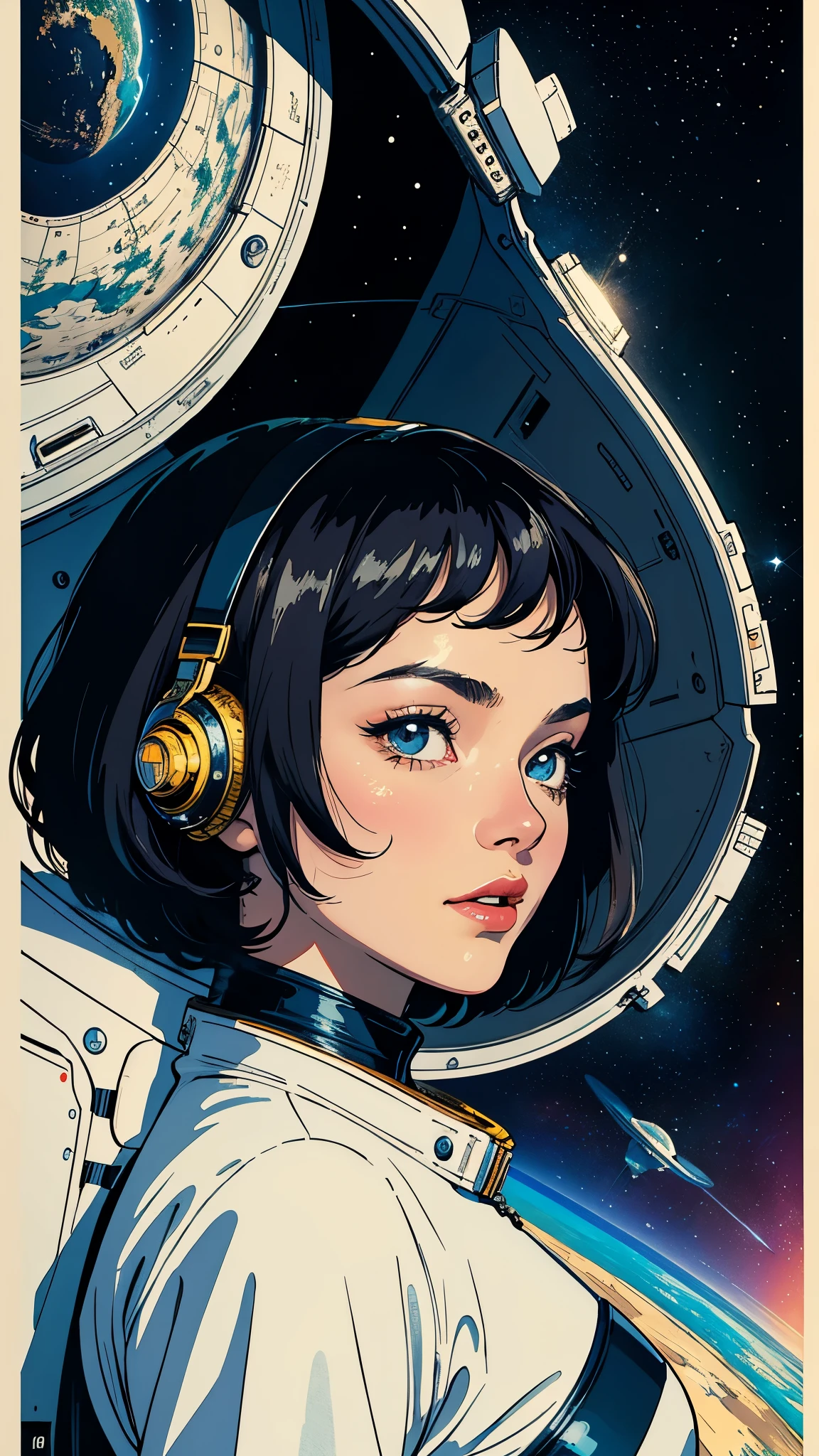 ((masterpiece, highest quality)), 32k wallpaper, very detailed, poster, vintage science fiction, 1960s,(((space thriller cinematic movie poster))), (bauhaus), shape,abstract, mid century modern, movie poster, vintage, Perfect Lady,anime,1970's,halftone,speech bubble,galaxy,super hero,((portfolio,Close-up))