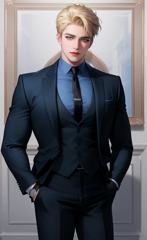 (masterpiece,best quality,ultra_detailed,highres,absurdres),1 mature male, 30-ish, (wide shoulder), (muscular), male focus,blonde hair,blue shirt, black jacket, black pant, long tie, standing,hands in pocket, wear a watch