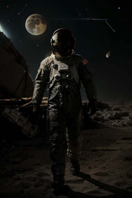 (((he wears an astronaut uniform he is on an uninhabitable planet))), barba,nojento,60-year-old homens, he walks the moon looking for alien life, o oculto e o desconhecido traz ao astronauta o medo e a incerteza, view from afar he is searching with his equipment next to him an android analyzing fragments on the ground with his leisure.
