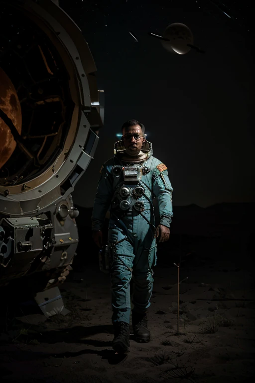(((he wears an astronaut uniform he is on an uninhabitable planet))), barba,nojento,60-year-old homens, he walks the moon looking for alien life, o oculto e o desconhecido traz ao astronauta o medo e a incerteza, view from afar he is searching with his equipment next to him an android analyzing fragments on the ground with his leisure.