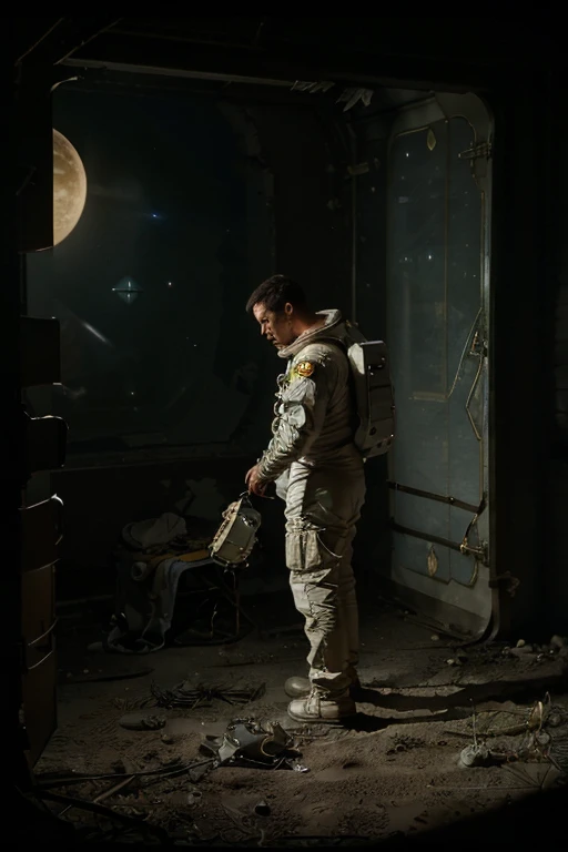 (((he wears an astronaut uniform he is on an uninhabitable planet))), barba,nojento,60-year-old homens, he walks the moon looking for alien life, o oculto e o desconhecido traz ao astronauta o medo e a incerteza, view from afar he is searching with his equipment next to him an android analyzing fragments on the ground with his leisure.