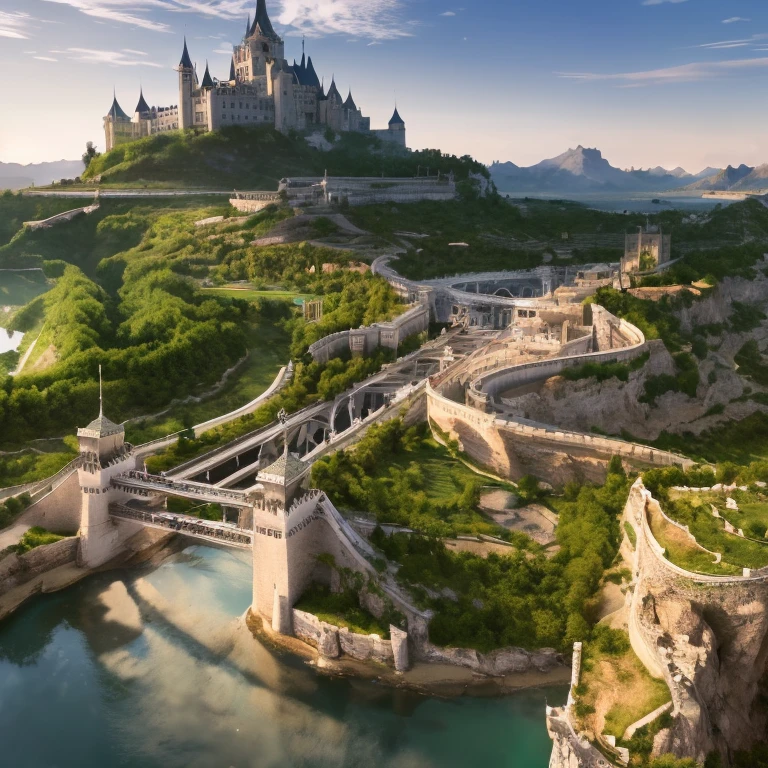 ８ｋ、Masterpiece、Western-style castle walls made of white marble、Bridge over the river、Breathtaking scenery that blurs the line between reality and fantasy. The landscape is a tapestry of surreal beauty, It is reminiscent of the paradise found in dreams and mythical utopias., Exudes peace and grace