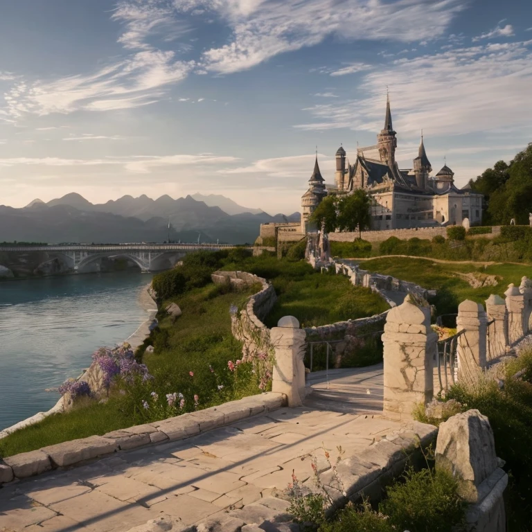 ８ｋ、Masterpiece、Western-style castle walls made of white marble、Bridge over the river、Breathtaking scenery that blurs the line between reality and fantasy. The landscape is a tapestry of surreal beauty, It is reminiscent of the paradise found in dreams and mythical utopias., Exudes peace and grace