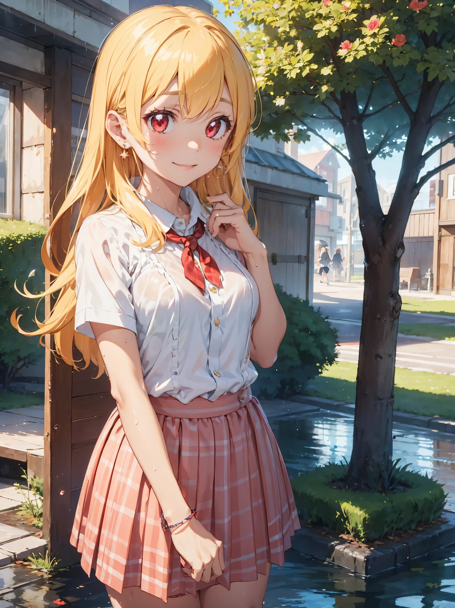 a beautiful young woman dressed in a dress and skirt standing in the rain, 1girl, solo, wet clothes, hosimiya ichigo, wet, plaid, outdoors, wet shirt, see-through, shirt, star earrings, skirt, blonde hair, rain, bra visible through clothes, smile, underwear, looking at viewer, earrings, tree, plaid skirt, long hair, red eyes, bra, blush, jewelry, short sleeves, white shirt, collared shirt, bangs, star (symbol), flower, RED_Ribbon_on_HAIR_band