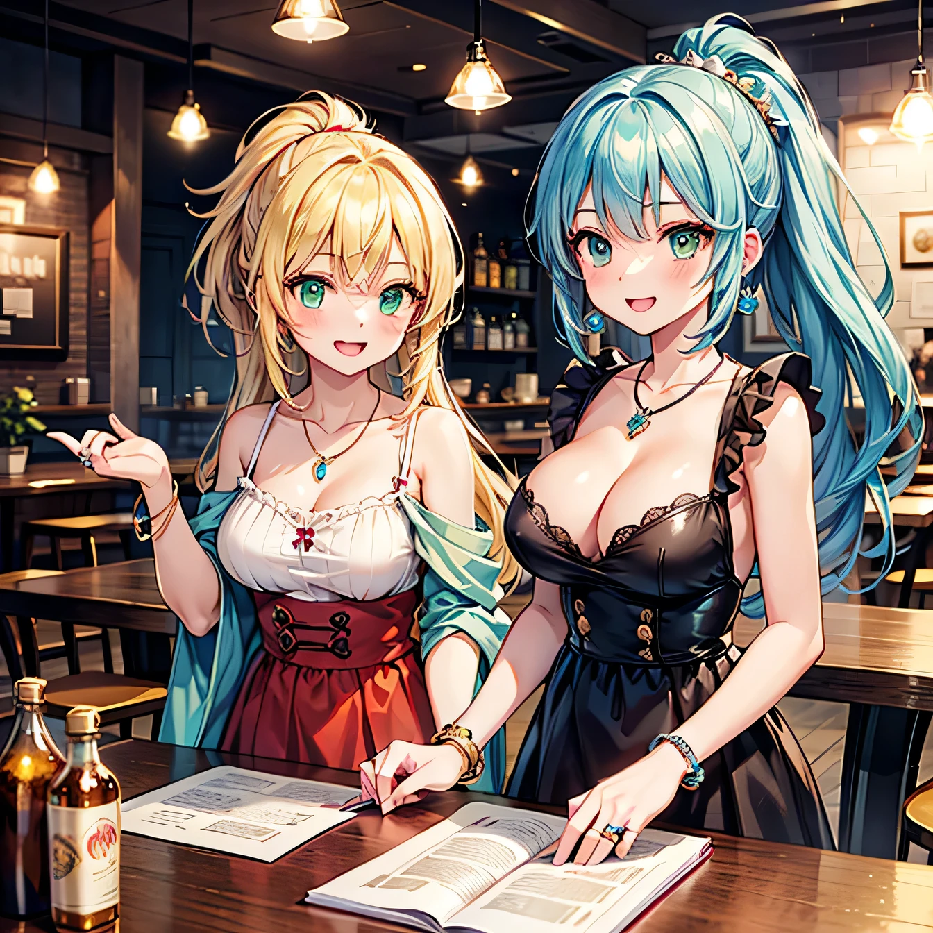 Anime Moe Art Style,highest quality,High resolution,Anatomically correct,One Girl,-teegirl with light blue hair in a ponytail,Super detailed,Fantasy World,Girly fashion,Big Breasts,A rich expression,Laughing with your mouth open,Cafe,Chatting with a friend,My friend has long blonde hair and green eyes.,Eyes drawn in detail,hair ornaments,necklace,bracelet,ring,8K