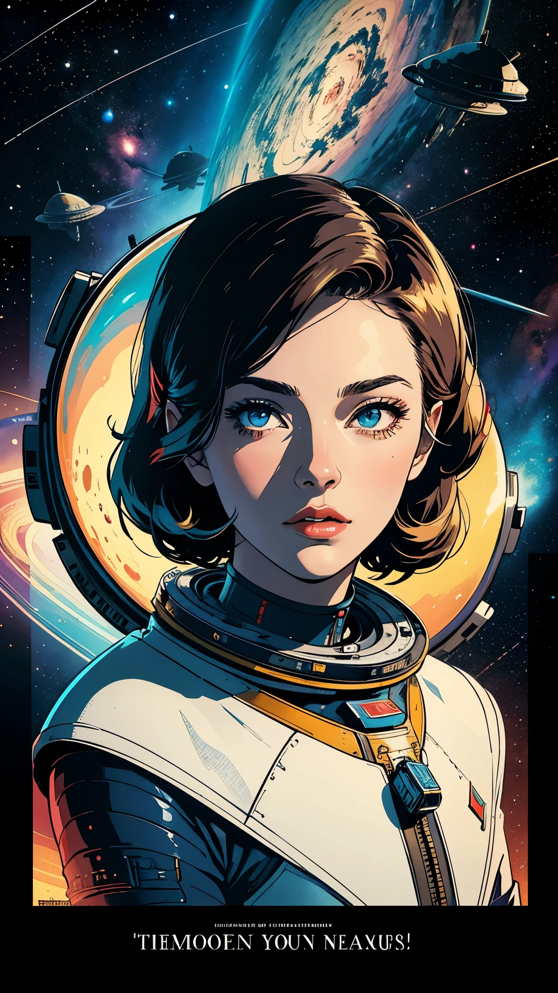 ((masterpiece, highest quality)), 32k wallpaper, very detailed, poster, vintage science fiction, 1960s,(((space thriller cinematic movie poster))), (bauhaus), shape,abstract, mid century modern, movie poster, vintage, Perfect Lady,anime,1970's,halftone,speech bubble,galaxy,super hero,((portfolio,Close-up))