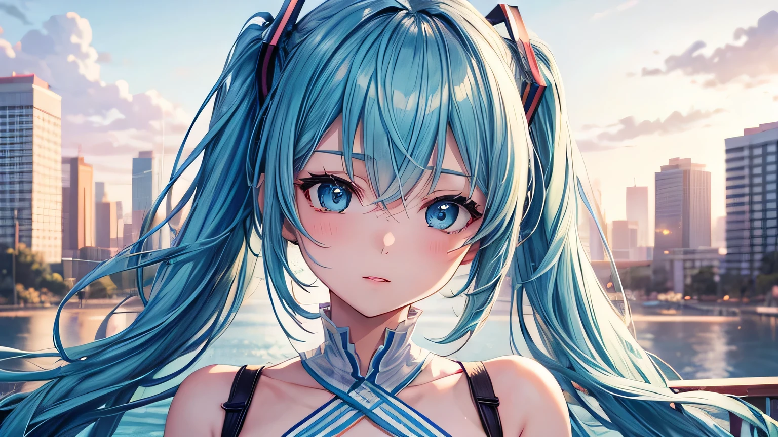 miku hatsune : 1.3, Blue Hair: 1.2, , Daytime: 1.2,In the summer town: 1.1, Cinema Lighting, Ultra-high resolution, Accurate, Super detailed, Textured skin, High detail, highest quality, 8k,Thin bangs, (Beautiful sky),(The Shining), Upper Body,Thick body, Well-drawn eyes, Focus on the face,summer,White and cute dress,Detailed hair depiction,evening,summer、City Background,Detailed depiction of eyes、Detailed depiction of hair、