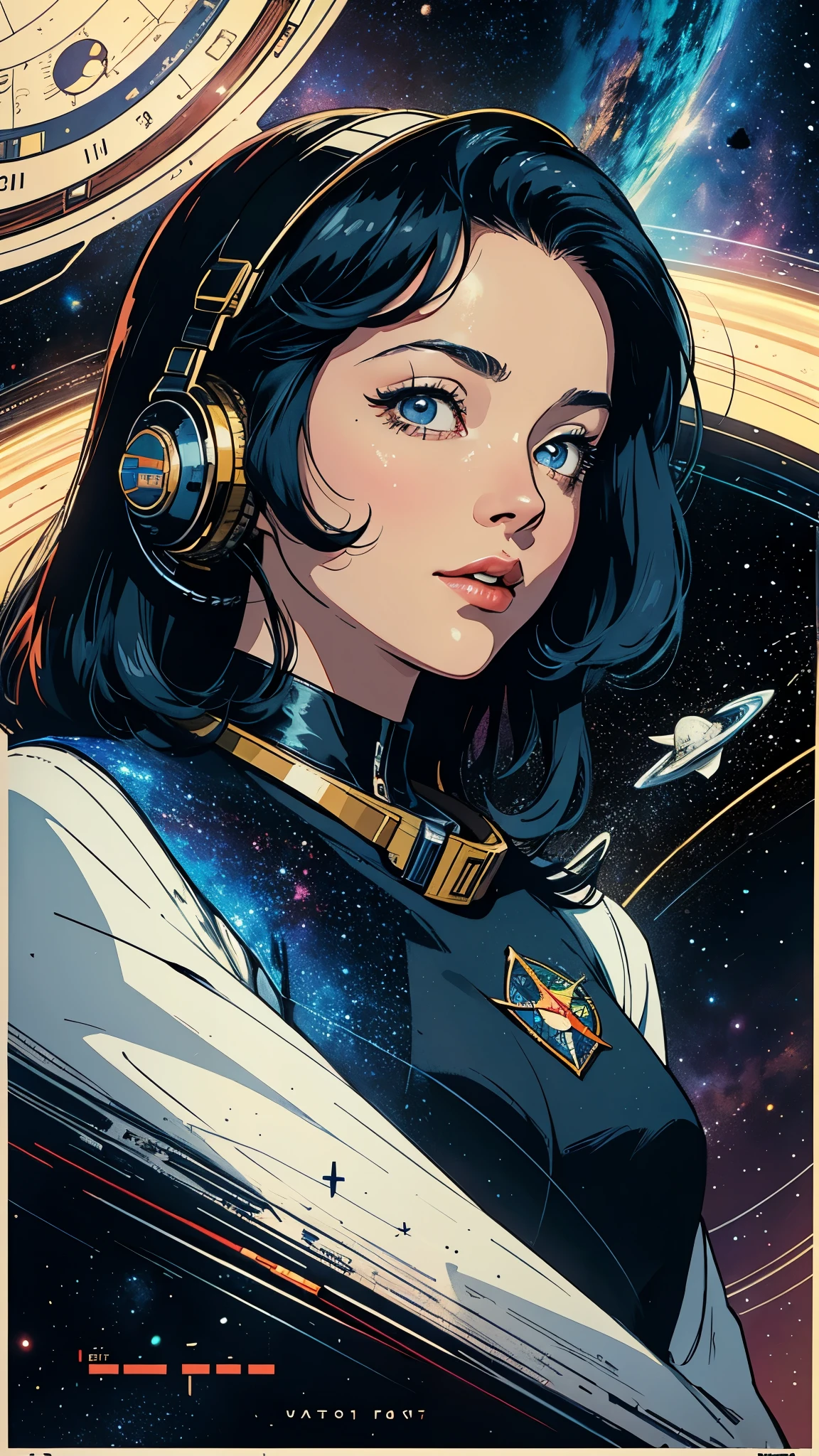 ((masterpiece, highest quality)), 32k wallpaper, very detailed, poster, vintage science fiction, 1960s,(((space thriller cinematic movie poster))), (bauhaus), shape,abstract, mid century modern, movie poster, vintage, Perfect Lady,anime,1970's,halftone,speech bubble,galaxy,super hero,((portfolio,Close-up))